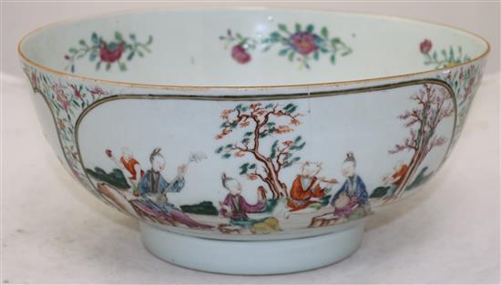 A Chinese famille rose European subject punch bowl, Qianlong period, diameter 31.5cm, hairline cracks